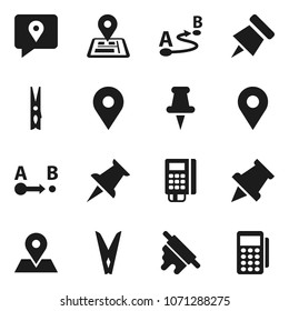 Flat vector icon set - clothespin vector, rolling pin, paper, navigator, map, traking, route, thumbtack, card reader