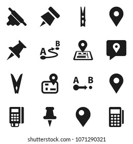 Flat vector icon set - clothespin vector, rolling pin, paper, navigator, map, traking, route, thumbtack, card reader