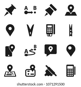 Flat vector icon set - clothespin vector, rolling pin, paper, navigator, map, traking, route, thumbtack, card reader