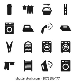 Flat vector icon set - clothespin vector, steaming, drying clothes, washer, washing powder, cleaning agent, washboard, iron