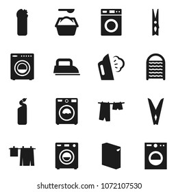 Flat vector icon set - clothespin vector, steaming, drying clothes, washer, washing powder, cleaning agent, washboard, iron