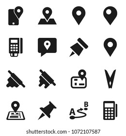 Flat vector icon set - clothespin vector, rolling pin, paper, navigator, map, traking, route, thumbtack, card reader