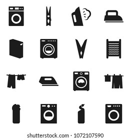 Flat vector icon set - clothespin vector, steaming, drying clothes, washer, washing powder, cleaning agent, washboard, iron