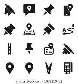 Flat vector icon set - clothespin vector, rolling pin, paper, navigator, map, traking, route, thumbtack, card reader