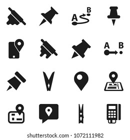 Flat vector icon set - clothespin vector, rolling pin, paper, navigator, traking, route, thumbtack, card reader
