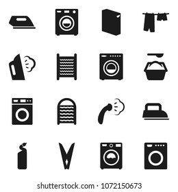 Flat Vector Icon Set - Clothespin Vector, Steaming, Drying Clothes, Washer, Washing Powder, Cleaning Agent, Washboard, Iron