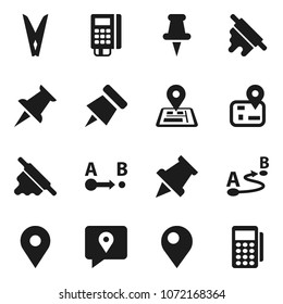 Flat vector icon set - clothespin vector, rolling pin, paper, navigator, map, traking, route, thumbtack, card reader