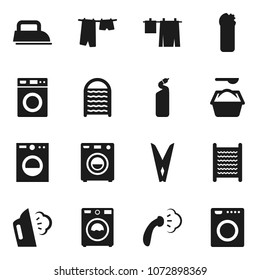 Flat vector icon set - clothespin vector, steaming, drying clothes, washer, washing powder, cleaning agent, washboard, iron