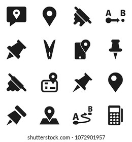 Flat vector icon set - clothespin vector, rolling pin, paper, navigator, map, traking, route, thumbtack, card reader