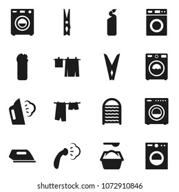 Flat Vector Icon Set - Clothespin Vector, Steaming, Drying Clothes, Washer, Washing Powder, Cleaning Agent, Washboard, Iron