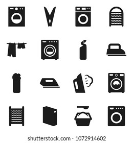 Flat Vector Icon Set - Clothespin Vector, Steaming, Drying Clothes, Washer, Washing Powder, Cleaning Agent, Washboard, Iron