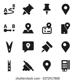Flat vector icon set - clothespin vector, rolling pin, paper, navigator, map, traking, route, thumbtack, card reader