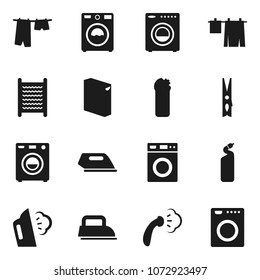 Flat vector icon set - clothespin vector, steaming, drying clothes, washer, washing powder, cleaning agent, washboard, iron