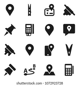 Flat vector icon set - clothespin vector, rolling pin, paper, navigator, map, traking, route, thumbtack, card reader