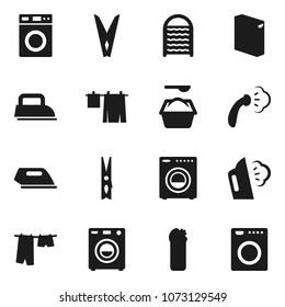 Flat Vector Icon Set - Clothespin Vector, Steaming, Drying Clothes, Washer, Washing Powder, Cleaning Agent, Washboard, Iron