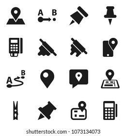 Flat vector icon set - clothespin vector, rolling pin, paper, navigator, map, traking, route, thumbtack, card reader