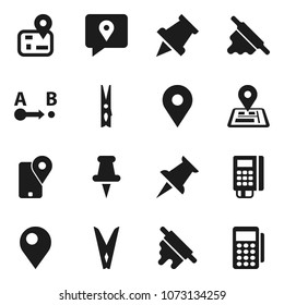 Flat vector icon set - clothespin vector, rolling pin, paper, navigator, map, traking, route, thumbtack, card reader
