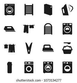 Flat vector icon set - clothespin vector, steaming, drying clothes, washer, washing powder, cleaning agent, washboard, iron
