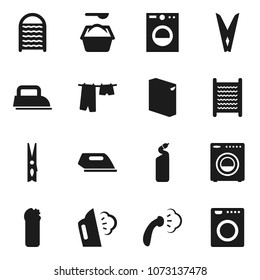 Flat vector icon set - clothespin vector, steaming, drying clothes, washing powder, cleaning agent, washboard, washer, iron