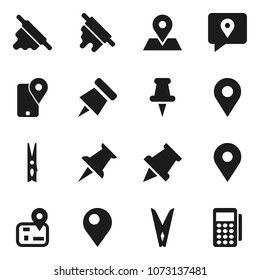 Flat vector icon set - clothespin vector, rolling pin, paper, navigator, map, traking, thumbtack, card reader