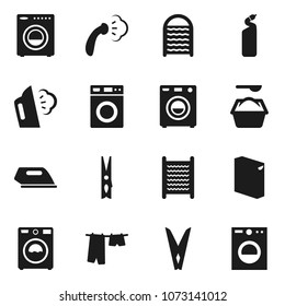 Flat vector icon set - clothespin vector, steaming, drying clothes, washer, washing powder, cleaning agent, washboard, iron