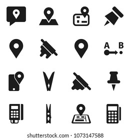 Flat vector icon set - clothespin vector, rolling pin, paper, navigator, map, traking, route, thumbtack, card reader