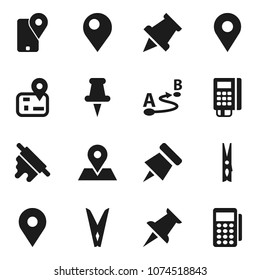 Flat vector icon set - clothespin vector, rolling pin, paper, navigator, map, traking, route, thumbtack, card reader