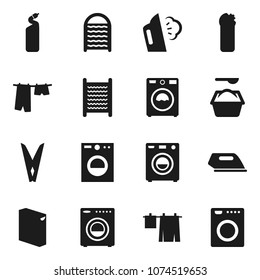 Flat vector icon set - clothespin vector, steaming, drying clothes, washer, washing powder, cleaning agent, washboard, iron