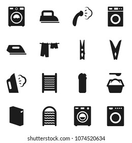 Flat Vector Icon Set - Clothespin Vector, Steaming, Drying Clothes, Washer, Washing Powder, Cleaning Agent, Washboard, Iron