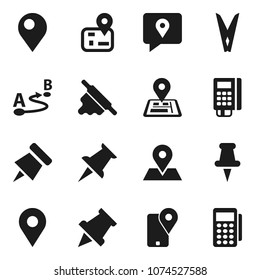Flat vector icon set - clothespin vector, rolling pin, paper, navigator, map, traking, route, thumbtack, card reader