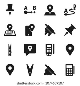 Flat vector icon set - clothespin vector, rolling pin, navigator, map, traking, route, thumbtack, card reader