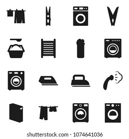 Flat vector icon set - clothespin vector, steaming, drying clothes, washer, washing powder, cleaning agent, washboard, iron