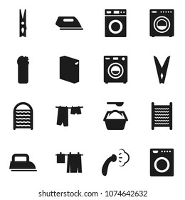 Flat vector icon set - clothespin vector, steaming, drying clothes, washer, washing powder, cleaning agent, washboard, iron