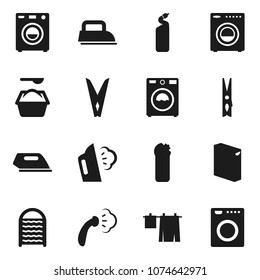 Flat Vector Icon Set - Clothespin Vector, Steaming, Drying Clothes, Washer, Washing Powder, Cleaning Agent, Washboard, Iron