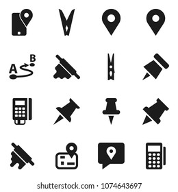 Flat vector icon set - clothespin vector, rolling pin, paper, navigator, map, traking, route, thumbtack, card reader