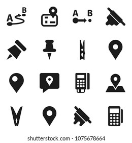 Flat vector icon set - clothespin vector, rolling pin, paper, navigator, map, traking, route, thumbtack, card reader