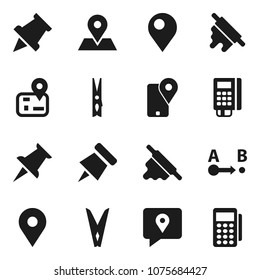 Flat vector icon set - clothespin vector, rolling pin, paper, navigator, map, traking, route, thumbtack, card reader