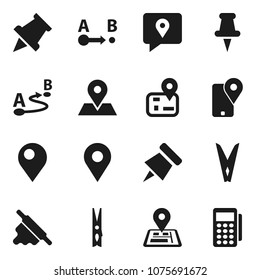 Flat vector icon set - clothespin vector, rolling pin, paper, navigator, map, traking, route, thumbtack, card reader