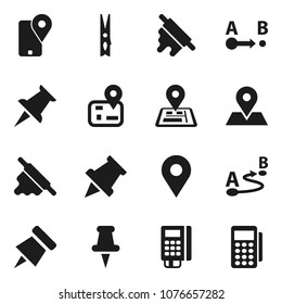 Flat vector icon set - clothespin vector, rolling pin, paper, navigator, map, traking, route, thumbtack, card reader