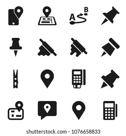 Flat vector icon set - clothespin vector, rolling pin, paper, navigator, map, traking, route, thumbtack, card reader