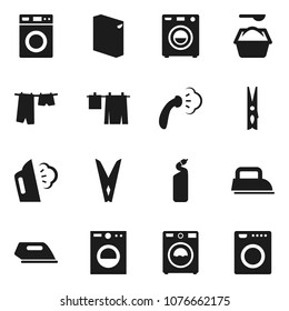 Flat vector icon set - clothespin vector, steaming, drying clothes, washer, washing powder, cleaning agent, iron
