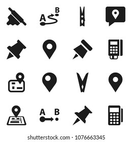 Flat vector icon set - clothespin vector, rolling pin, paper, navigator, map, traking, route, thumbtack, card reader