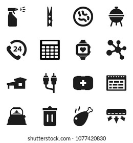Flat vector icon set - clothespin vector, trash bin, sprayer, kettle, bbq, chicken leg, schedule, calculator, molecule, heart monitor, first aid kit, phone 24, rca, microbs, cottage, air conditioner