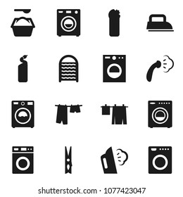 Flat Vector Icon Set - Clothespin Vector, Steaming, Drying Clothes, Washer, Washing Powder, Cleaning Agent, Washboard, Iron