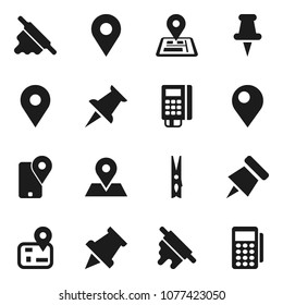 Flat vector icon set - clothespin vector, rolling pin, paper, navigator, map, traking, thumbtack, card reader