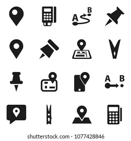 Flat vector icon set - clothespin vector, paper pin, navigator, map, traking, route, thumbtack, card reader