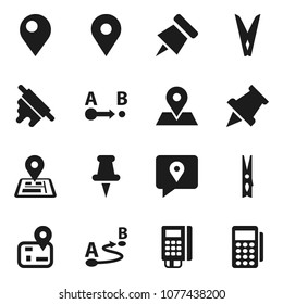 Flat vector icon set - clothespin vector, rolling pin, paper, navigator, map, traking, route, thumbtack, card reader