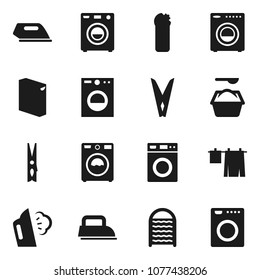 Flat Vector Icon Set - Clothespin Vector, Steaming, Drying Clothes, Washer, Washing Powder, Cleaning Agent, Washboard, Iron