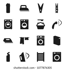 Flat Vector Icon Set - Clothespin Vector, Steaming, Drying Clothes, Washer, Washing Powder, Cleaning Agent, Washboard, Iron