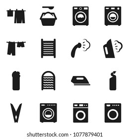 Flat Vector Icon Set - Clothespin Vector, Steaming, Drying Clothes, Washer, Washing Powder, Cleaning Agent, Washboard, Iron